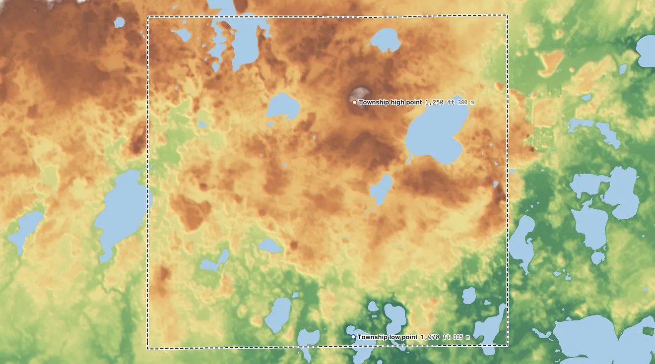 Topographic elevation map of Greenleaf Township, Minnesota, shaded from 1,070 ft on the south side to 1,250 ft near the middle