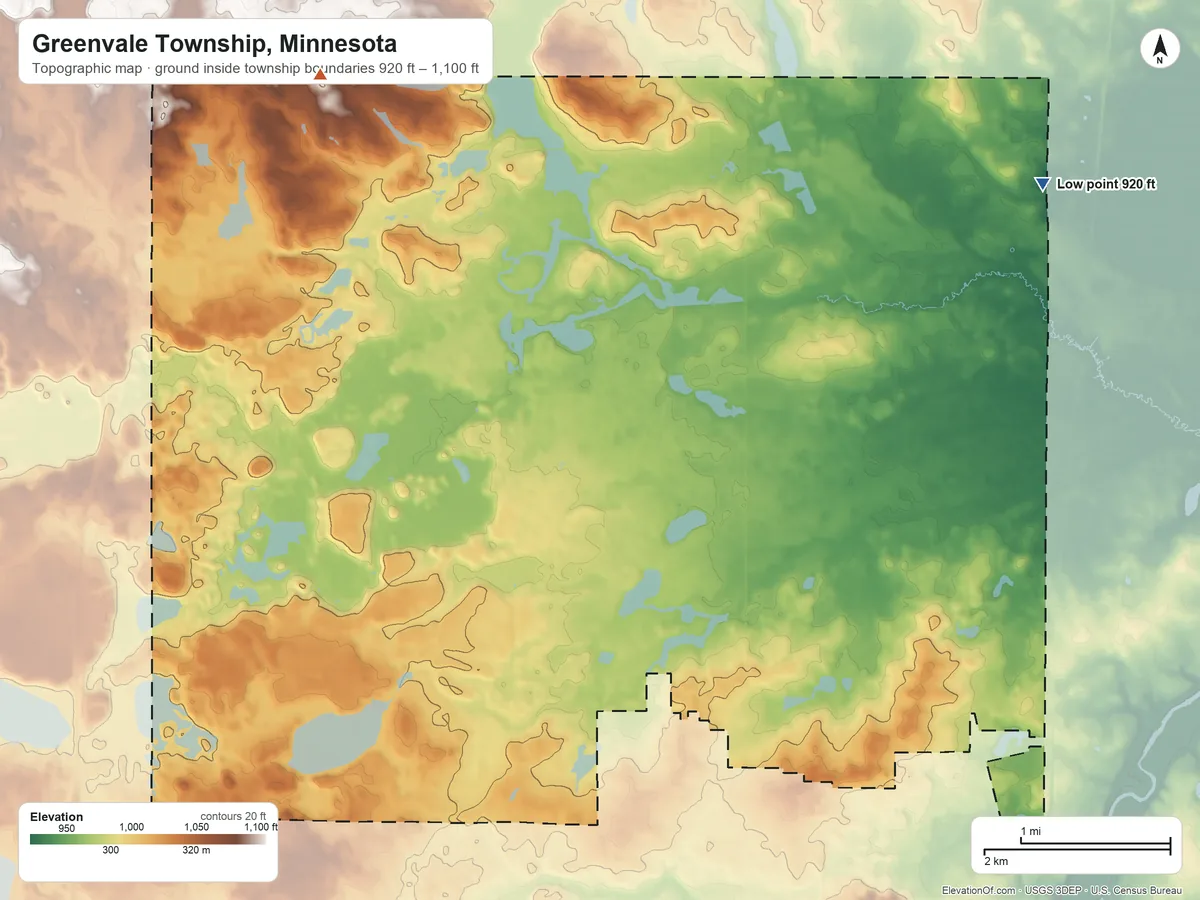 Topographic elevation map of Greenvale Township, Minnesota, shaded from 920 ft on the east side to 1,100 ft on the northwest side