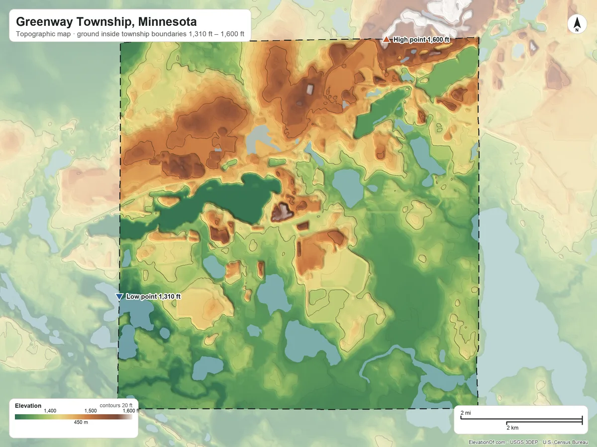 Topographic elevation map of Greenway Township, Minnesota, shaded from 1,310 ft on the west side to 1,600 ft on the northeast side