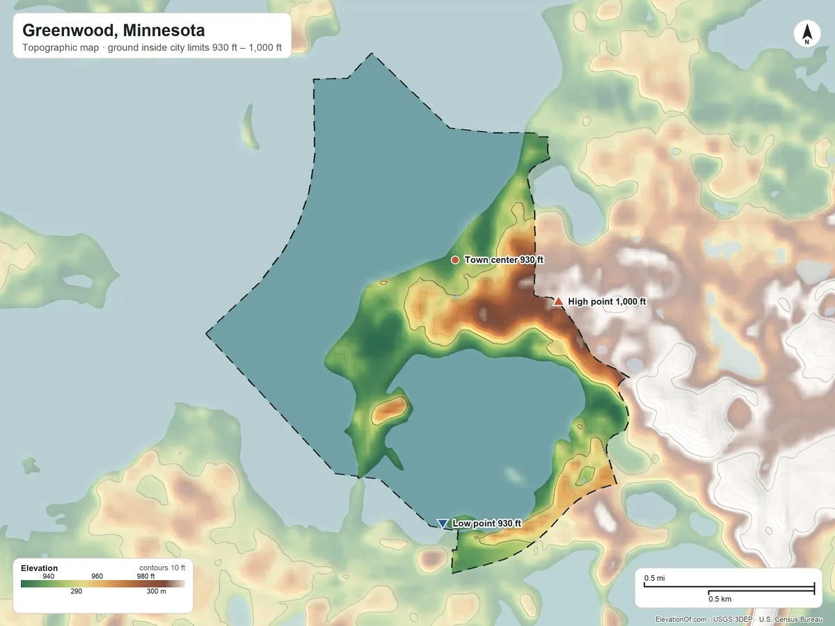 Topographic elevation map of Greenwood, Minnesota, shaded from 930 ft on the south side to 1,000 ft on the east side