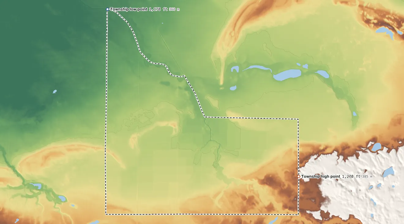 Topographic elevation map of Greenwood Township, Clearwater County, Minnesota, shaded from 1,170 ft on the northwest side to 1,270 ft on the east side