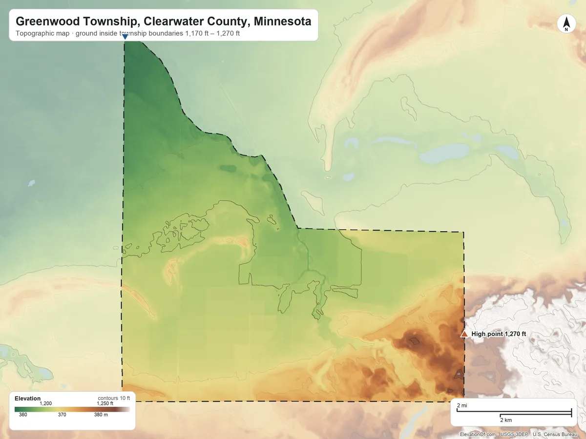 Topographic elevation map of Greenwood Township, Clearwater County, Minnesota, shaded from 1,170 ft on the northwest side to 1,270 ft on the east side