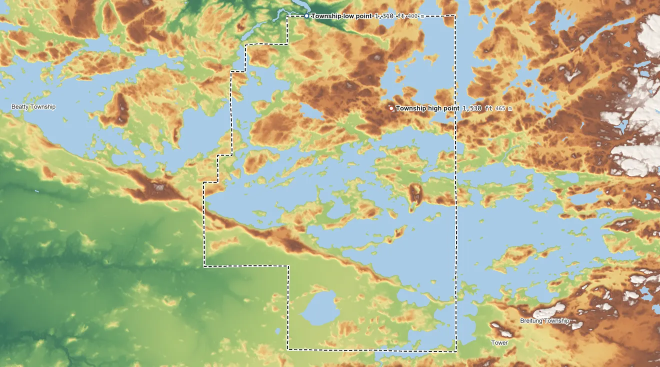 Topographic elevation map of Greenwood Township, Minnesota, shaded from 1,310 ft on the north side to 1,530 ft on the north side
