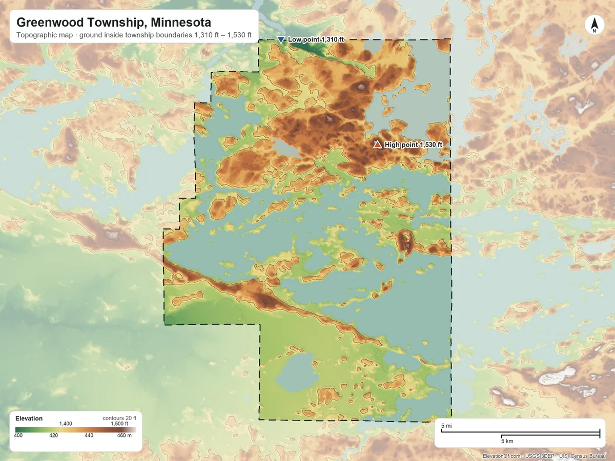 Topographic elevation map of Greenwood Township, Minnesota, shaded from 1,310 ft on the north side to 1,530 ft on the north side