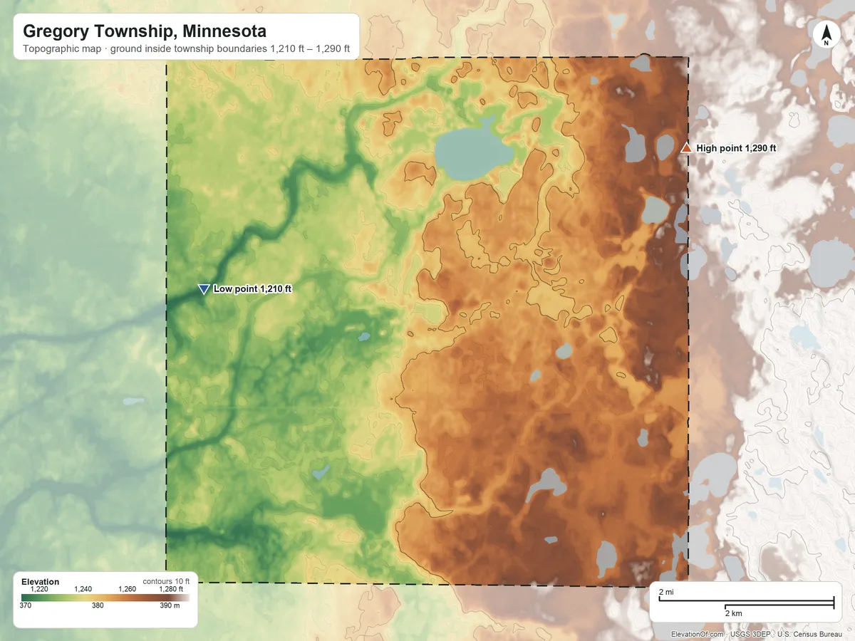 Topographic elevation map of Gregory Township, Minnesota, shaded from 1,210 ft on the northwest side to 1,290 ft on the northeast side