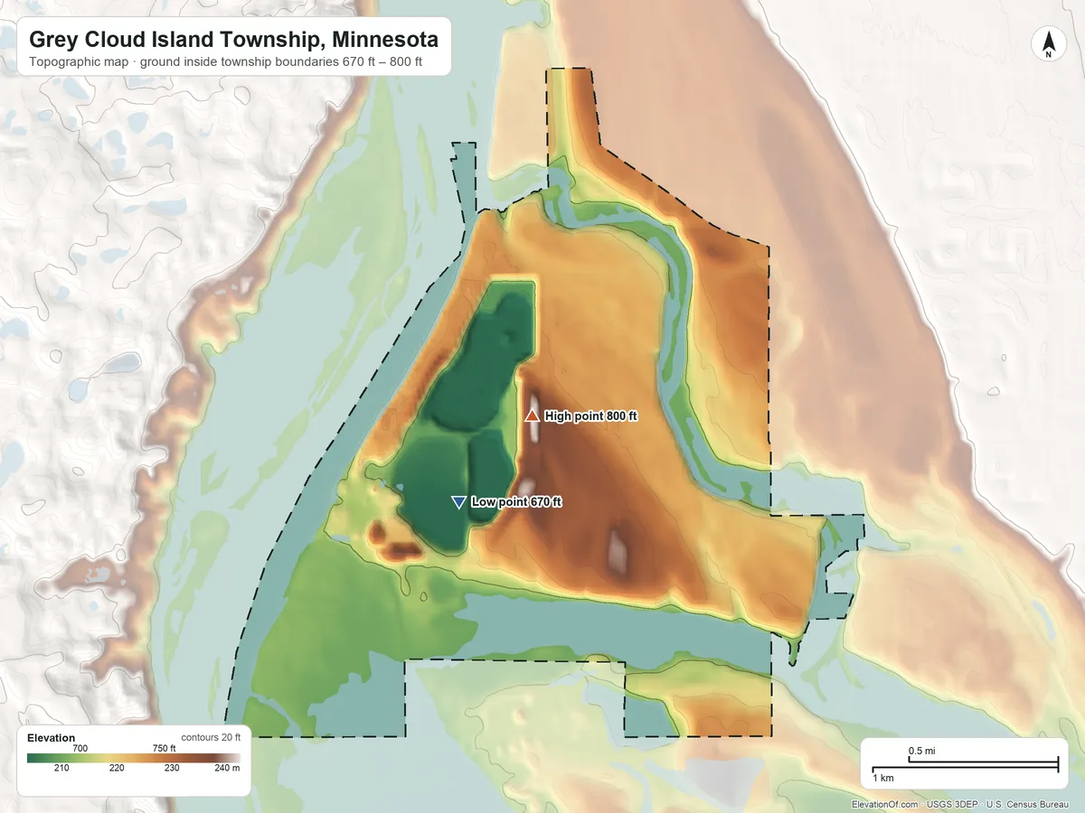 Topographic elevation map of Grey Cloud Island Township, Minnesota, shaded from 670 ft on the southwest side to 800 ft near the middle