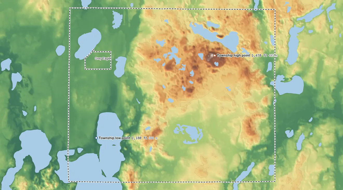 Topographic elevation map of Grey Eagle Township, Minnesota, shaded from 1,180 ft on the southwest side to 1,466 ft on Eagle Mountain