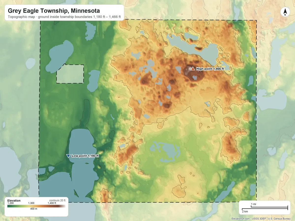 Topographic elevation map of Grey Eagle Township, Minnesota, shaded from 1,180 ft on the southwest side to 1,466 ft on Eagle Mountain