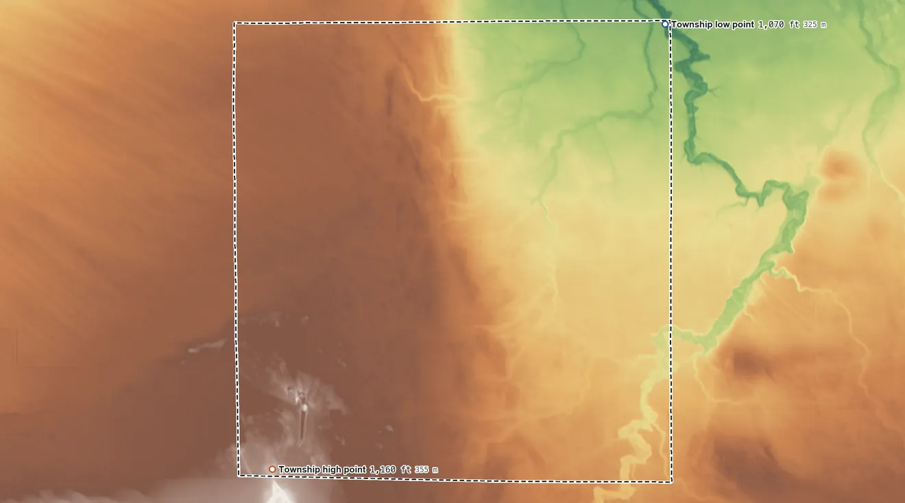 Topographic elevation map of Grimstad Township, Minnesota, shaded from 1,070 ft on the northeast side to 1,160 ft on the southwest side