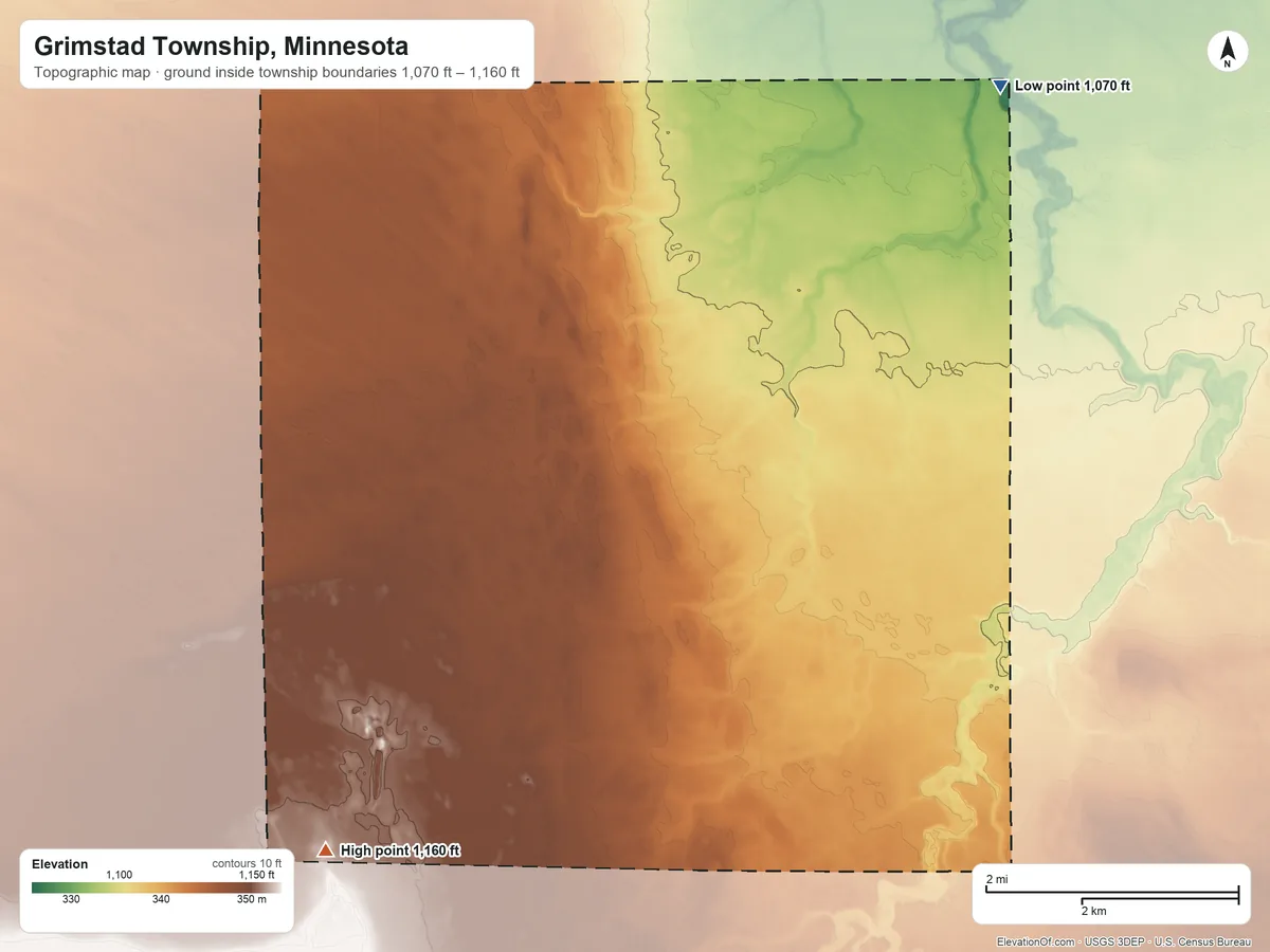 Topographic elevation map of Grimstad Township, Minnesota, shaded from 1,070 ft on the northeast side to 1,160 ft on the southwest side