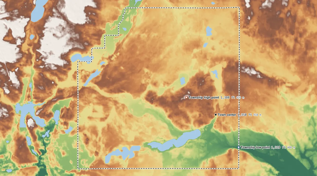 Topographic elevation map of Grove Lake Township, Minnesota, shaded from 1,310 ft on the southeast side to 1,380 ft on the northwest side