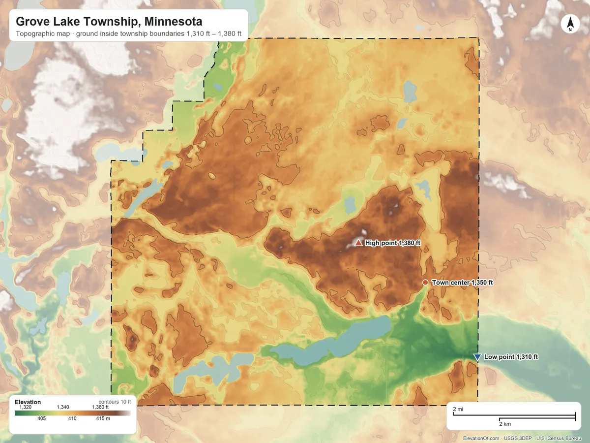Topographic elevation map of Grove Lake Township, Minnesota, shaded from 1,310 ft on the southeast side to 1,380 ft on the northwest side