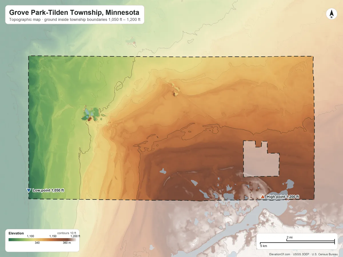Topographic elevation map of Grove Park-Tilden Township, Minnesota, shaded from 1,050 ft on the west side to 1,200 ft on the southeast side