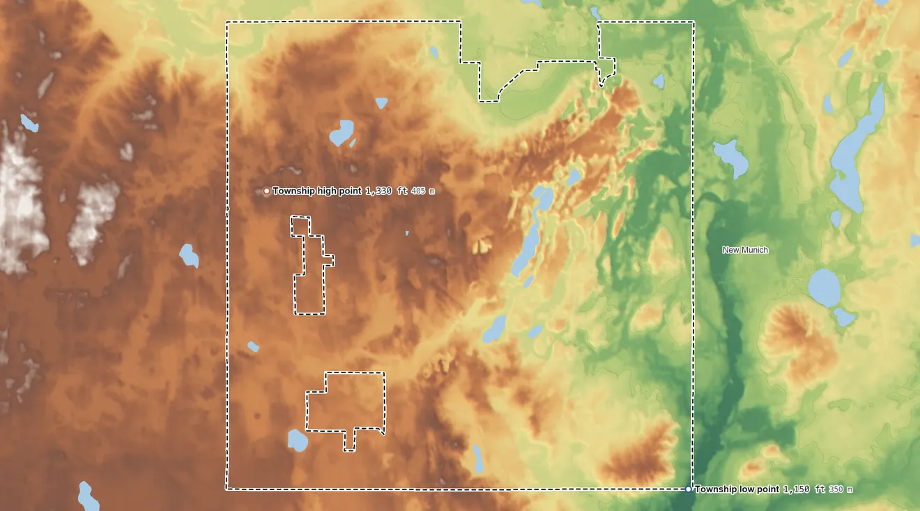 Topographic elevation map of Grove Township, Minnesota, shaded from 1,150 ft on the southeast side to 1,330 ft on the west side