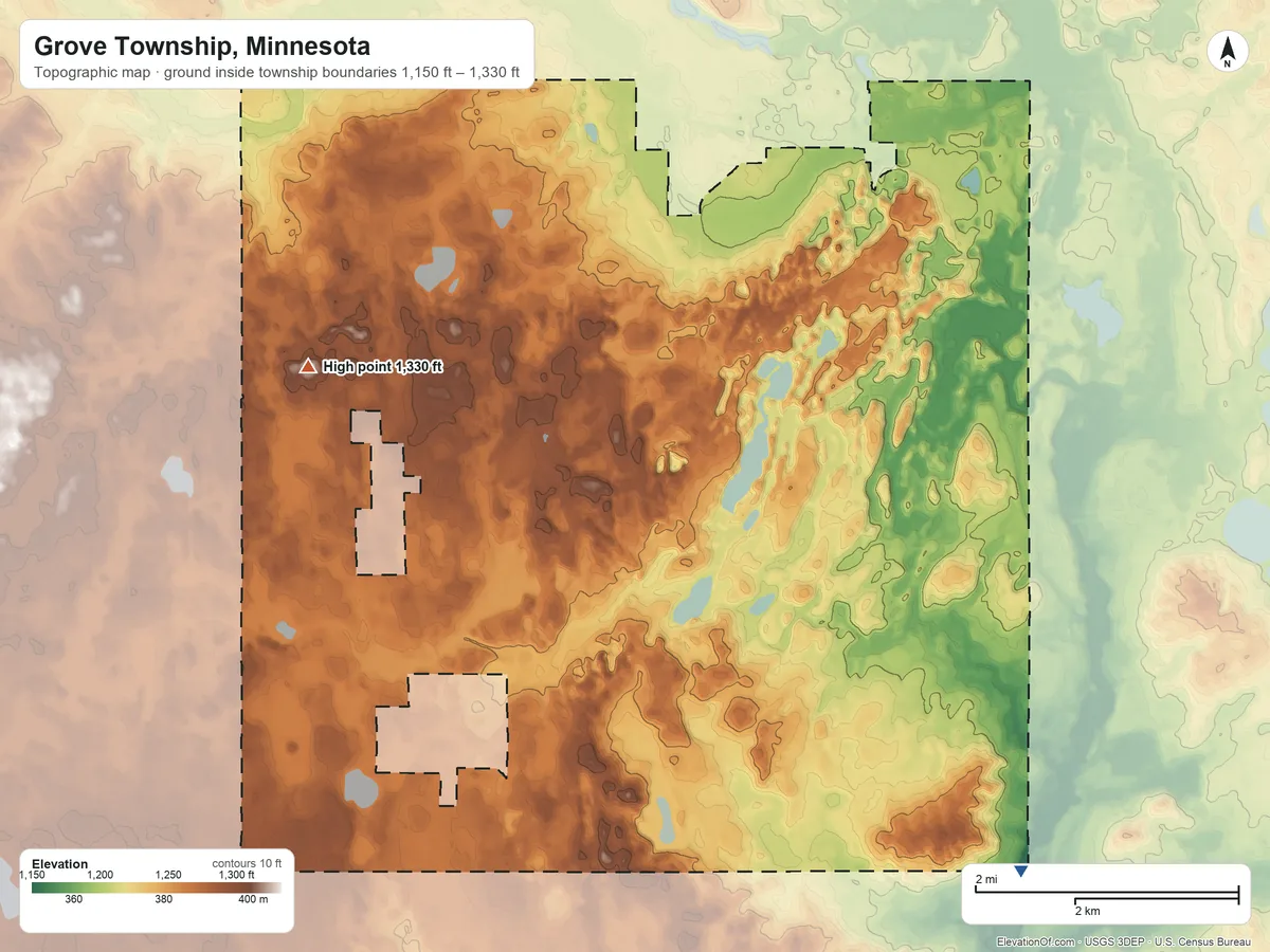 Topographic elevation map of Grove Township, Minnesota, shaded from 1,150 ft on the southeast side to 1,330 ft on the west side