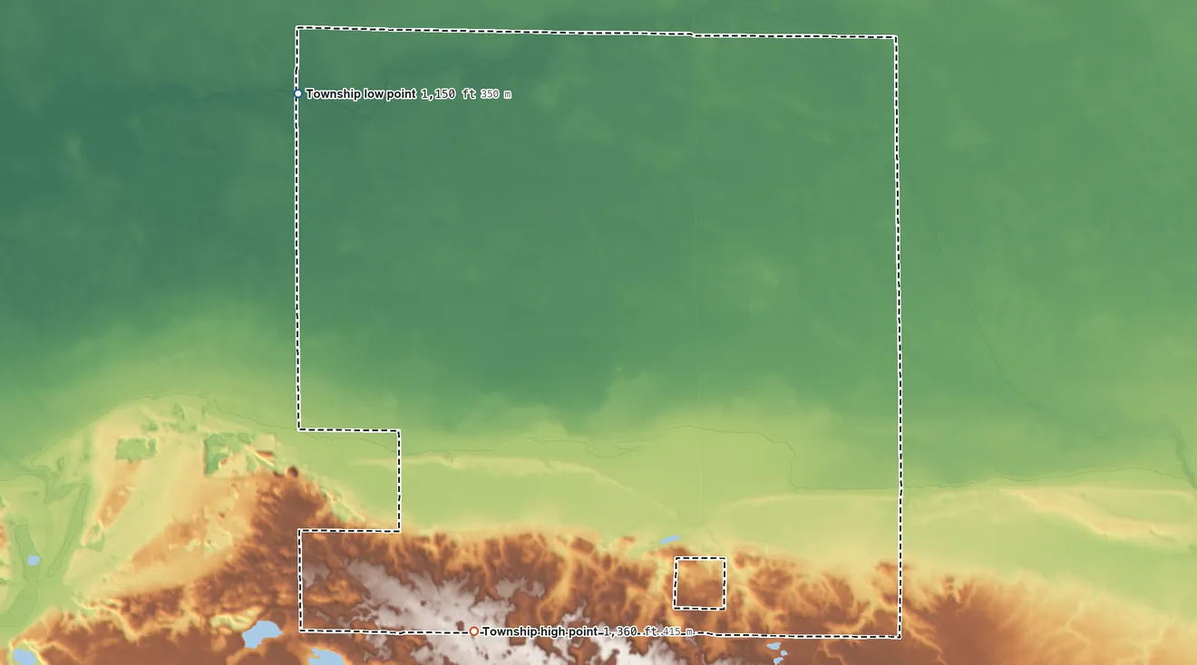 Topographic elevation map of Gully Township, Minnesota, shaded from 1,150 ft on the northwest side to 1,360 ft on the southwest side