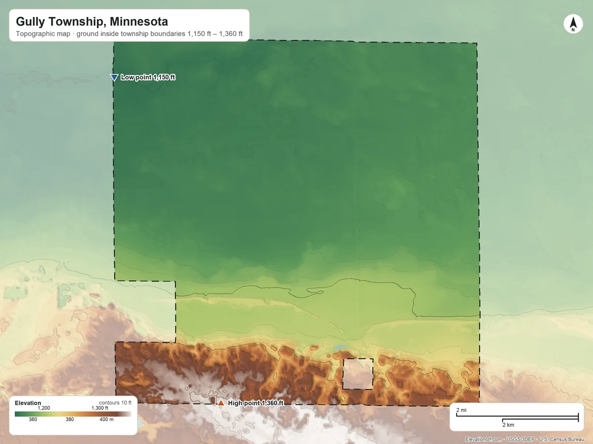 Topographic elevation map of Gully Township, Minnesota, shaded from 1,150 ft on the northwest side to 1,360 ft on the southwest side