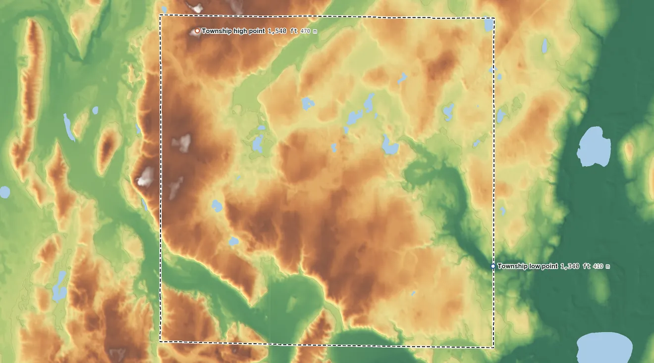 Topographic elevation map of Guthrie Township, Minnesota, shaded from 1,340 ft on the southeast side to 1,540 ft on the northwest side