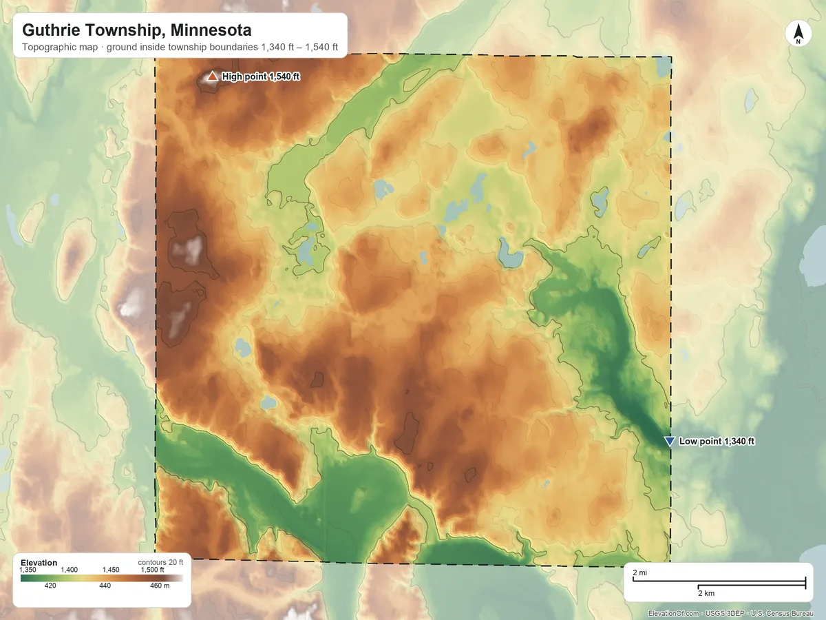 Topographic elevation map of Guthrie Township, Minnesota, shaded from 1,340 ft on the southeast side to 1,540 ft on the northwest side