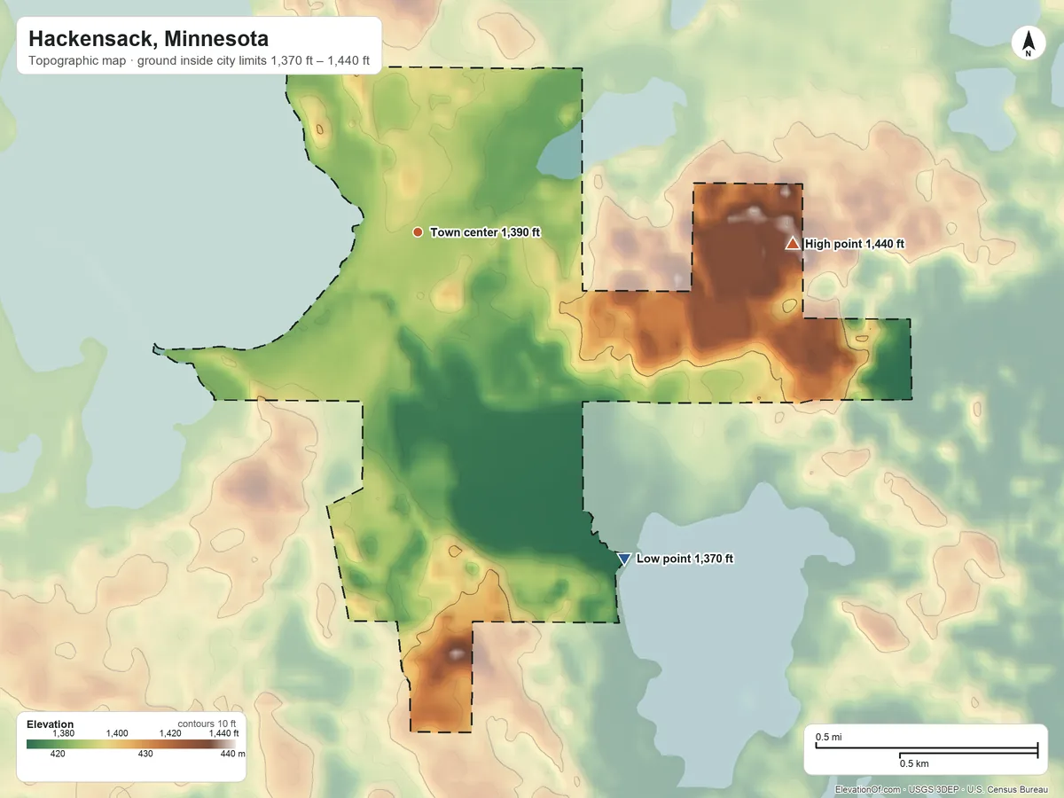 Topographic elevation map of Hackensack, Minnesota, shaded from 1,370 ft on the southeast side to 1,440 ft on the east side