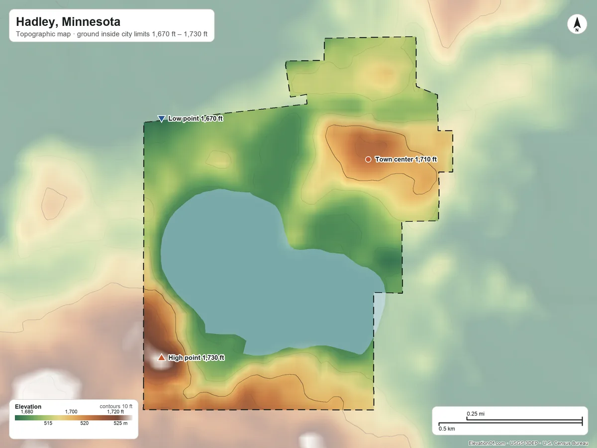 Topographic elevation map of Hadley, Minnesota, shaded from 1,670 ft on the west side to 1,730 ft on the southwest side