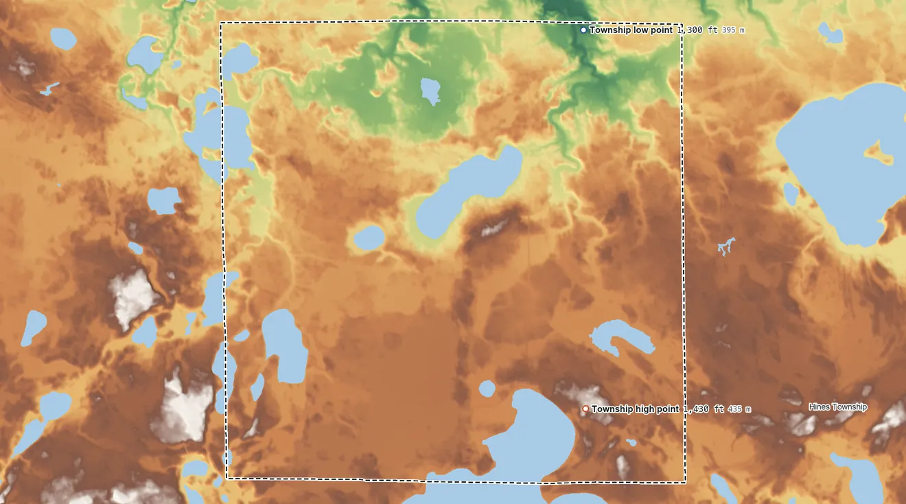 Topographic elevation map of Hagali Township, Minnesota, shaded from 1,300 ft on the north side to 1,430 ft on the southeast side