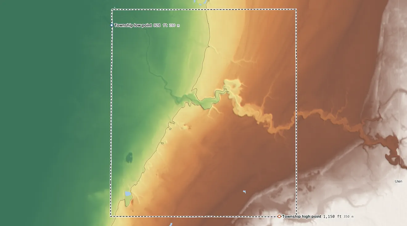 Topographic elevation map of Hagen Township, Minnesota, shaded from 920 ft on the northwest side to 1,150 ft on the southeast side