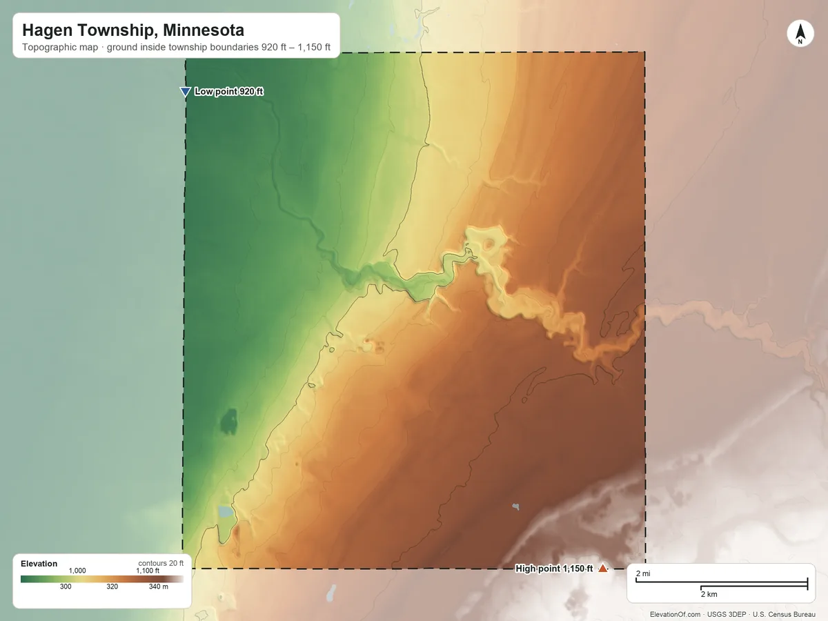 Topographic elevation map of Hagen Township, Minnesota, shaded from 920 ft on the northwest side to 1,150 ft on the southeast side