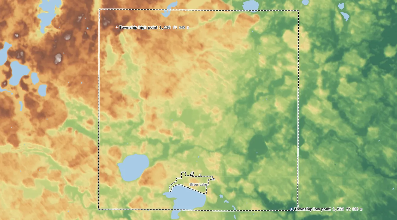 Topographic elevation map of Hale Township, Minnesota, shaded from 1,020 ft on the southeast side to 1,130 ft on the northwest side