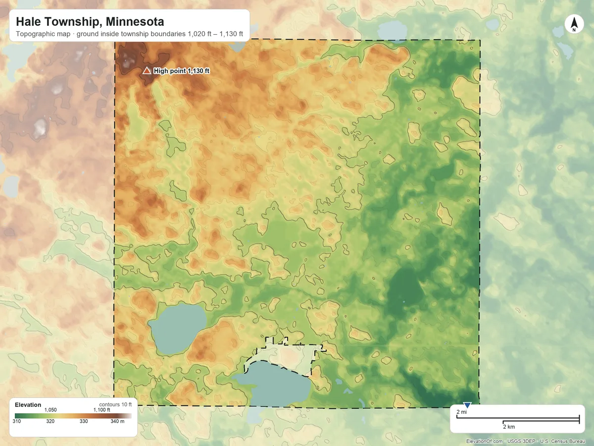 Topographic elevation map of Hale Township, Minnesota, shaded from 1,020 ft on the southeast side to 1,130 ft on the northwest side
