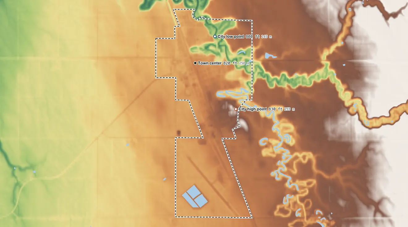 Topographic elevation map of Hallock, Minnesota, shaded from 800 ft on the northeast side to 830 ft on the southeast side