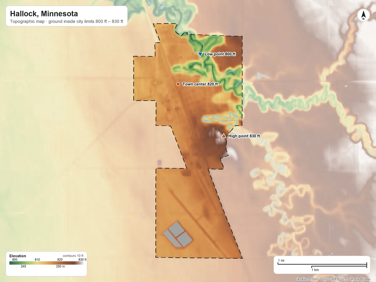 Topographic elevation map of Hallock, Minnesota, shaded from 800 ft on the northeast side to 830 ft on the southeast side