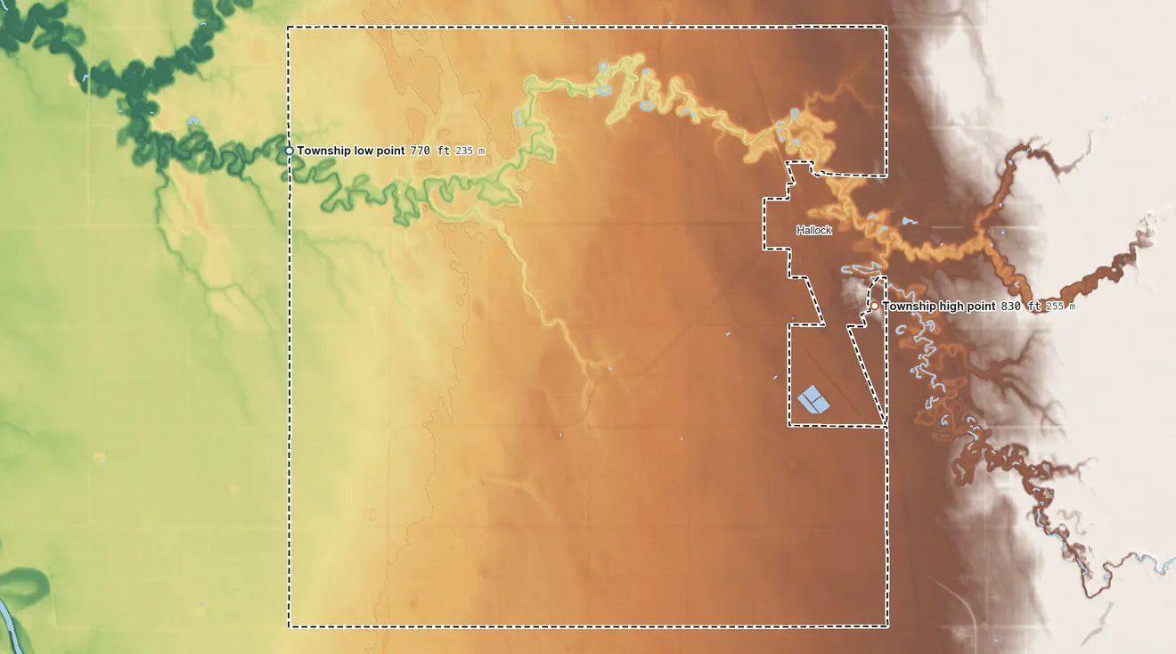 Topographic elevation map of Hallock Township, Minnesota, shaded from 770 ft on the northwest side to 830 ft on the east side