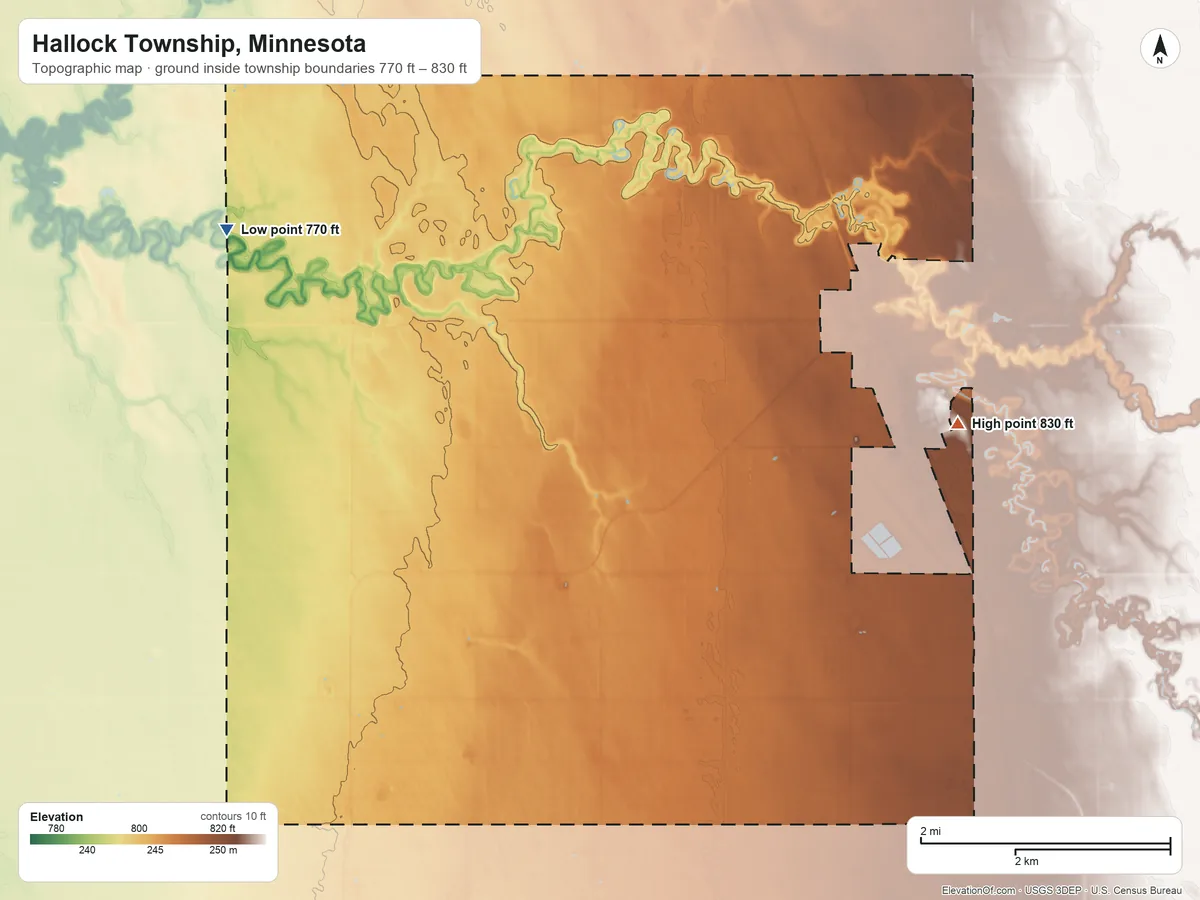 Topographic elevation map of Hallock Township, Minnesota, shaded from 770 ft on the northwest side to 830 ft on the east side