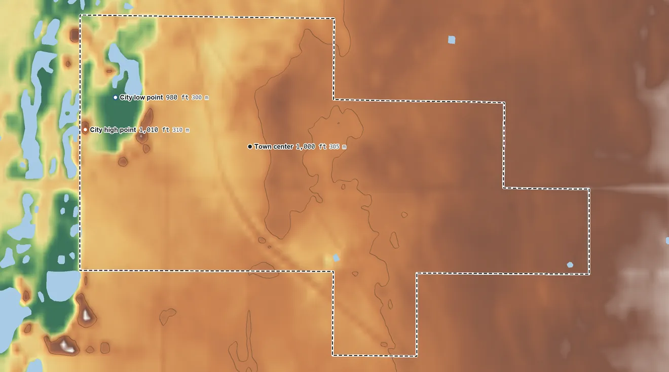 Topographic elevation map of Halma, Minnesota, shaded from 980 ft on the west side to 1,010 ft on the west side