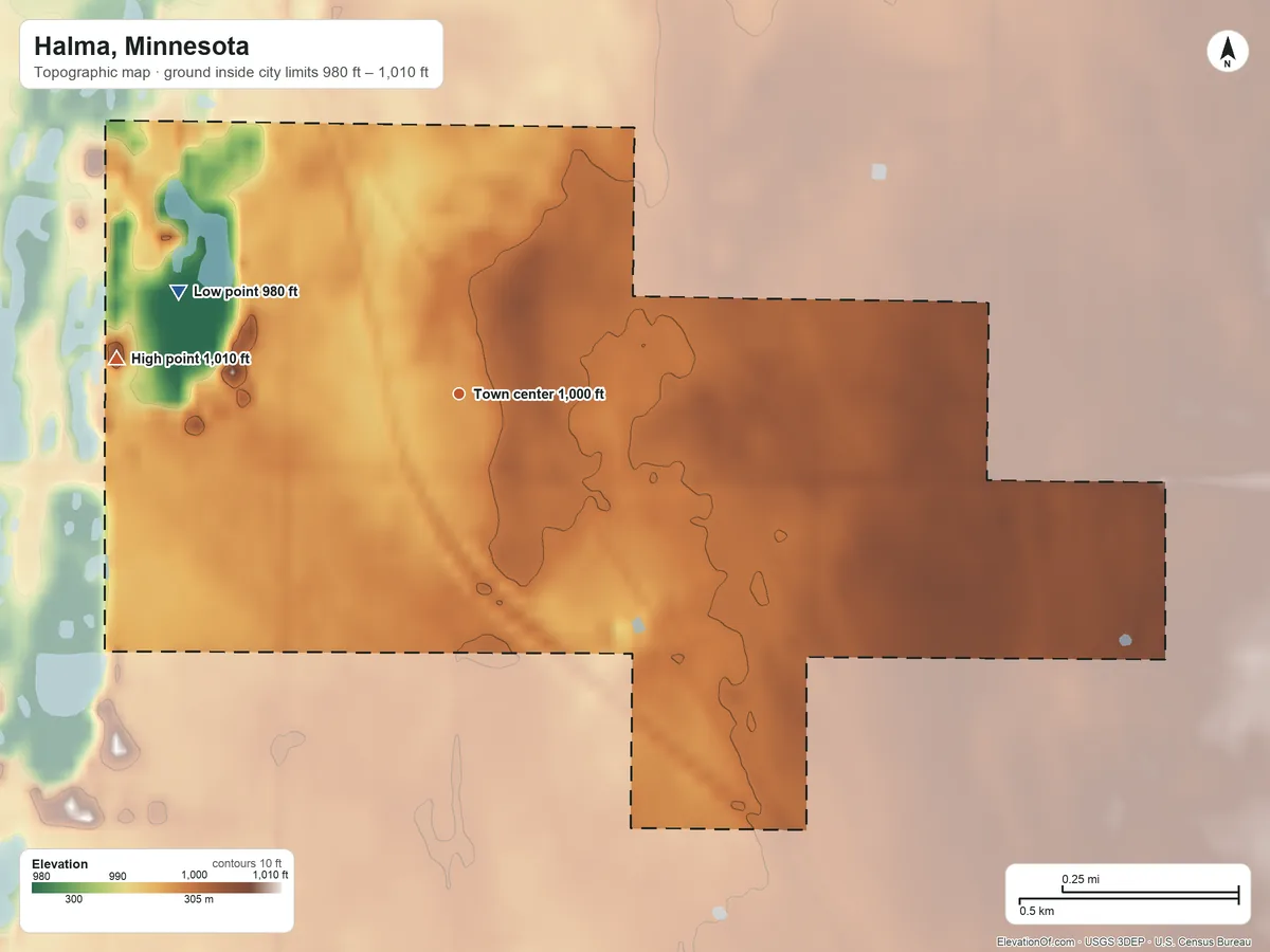 Topographic elevation map of Halma, Minnesota, shaded from 980 ft on the west side to 1,010 ft on the west side