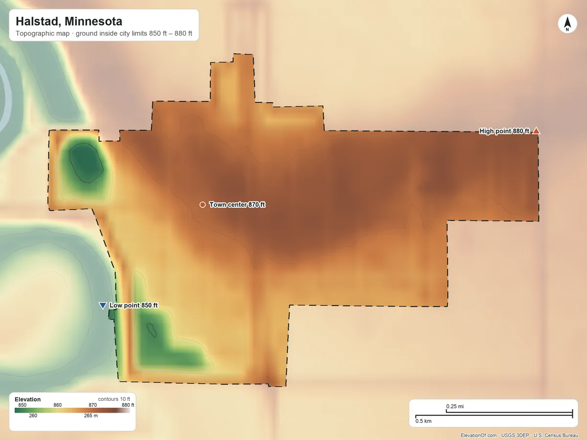 Topographic elevation map of Halstad, Minnesota, shaded from 850 ft on the southwest side to 880 ft on the east side