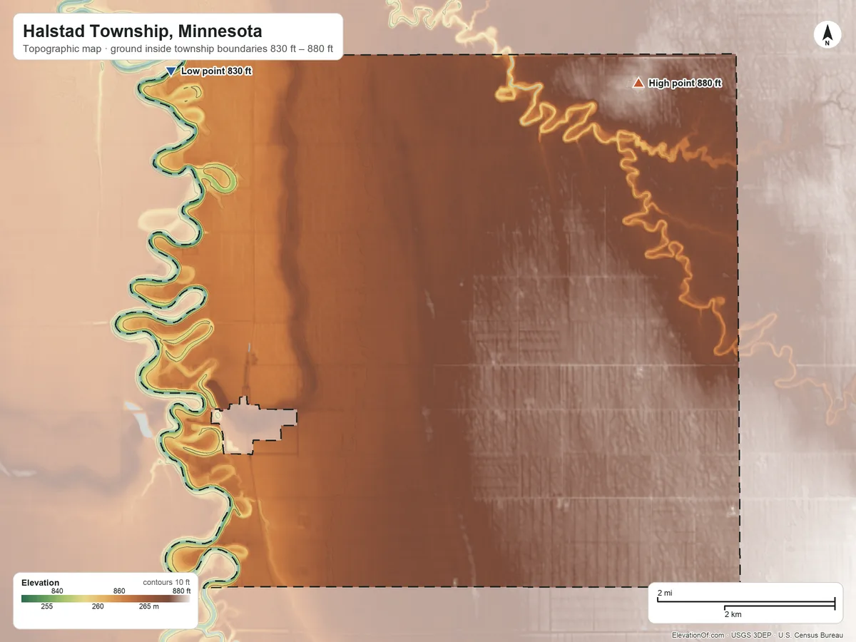 Topographic elevation map of Halstad Township, Minnesota, shaded from 830 ft on the northwest side to 880 ft on the northeast side