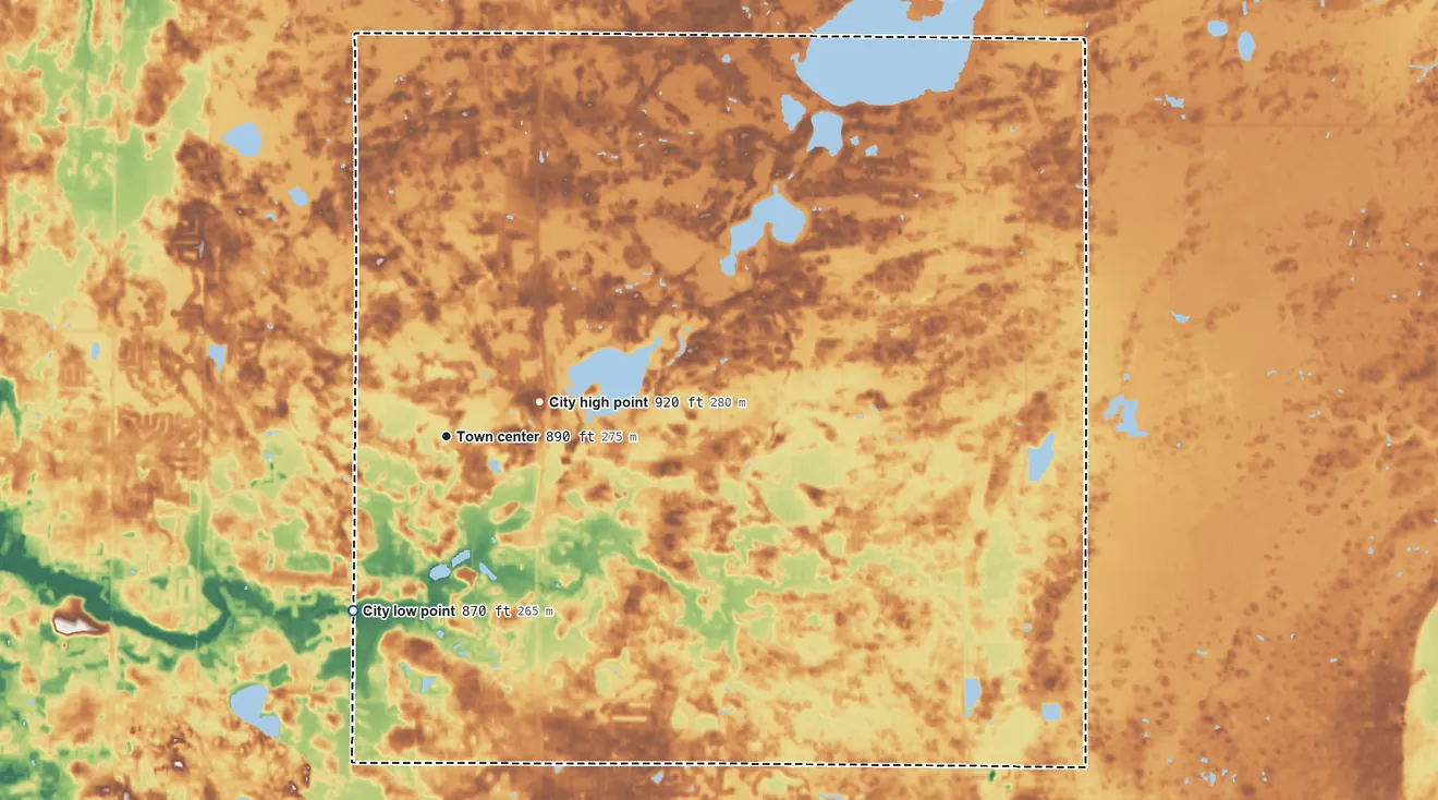 Topographic elevation map of Ham Lake, Minnesota, shaded from 870 ft on the southwest side to 920 ft near the middle