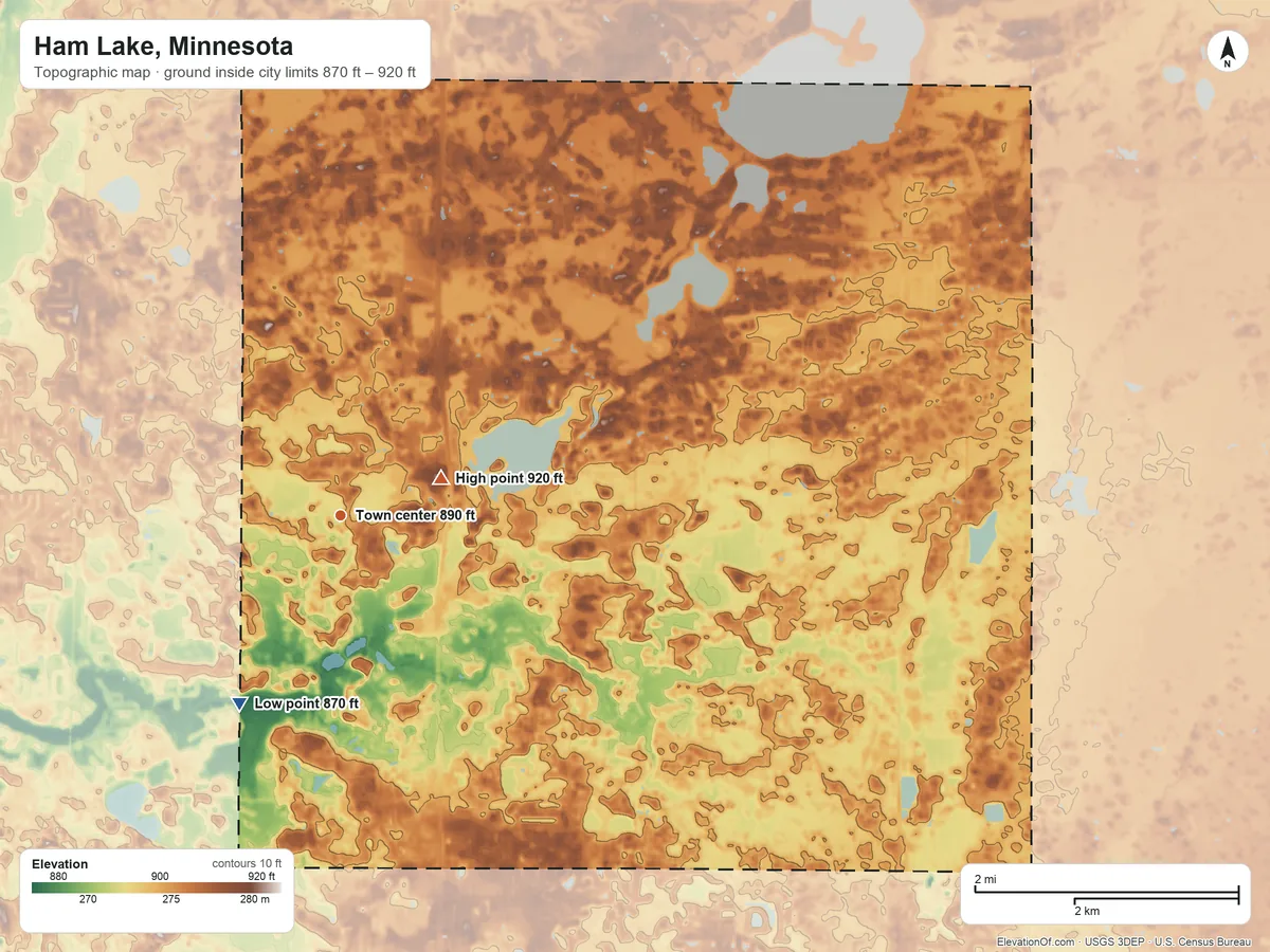 Topographic elevation map of Ham Lake, Minnesota, shaded from 870 ft on the southwest side to 920 ft near the middle