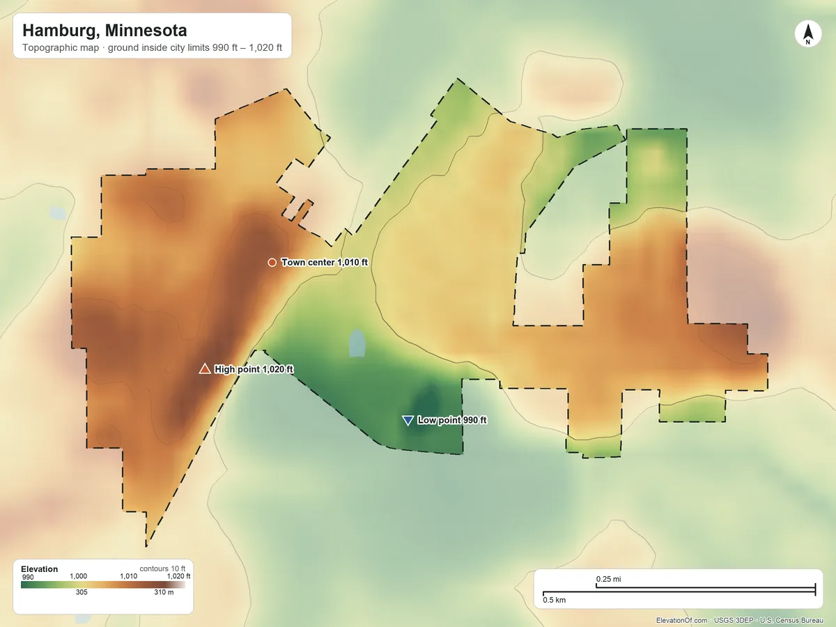 Topographic elevation map of Hamburg, Minnesota, shaded from 990 ft on the southeast side to 1,020 ft on the southwest side
