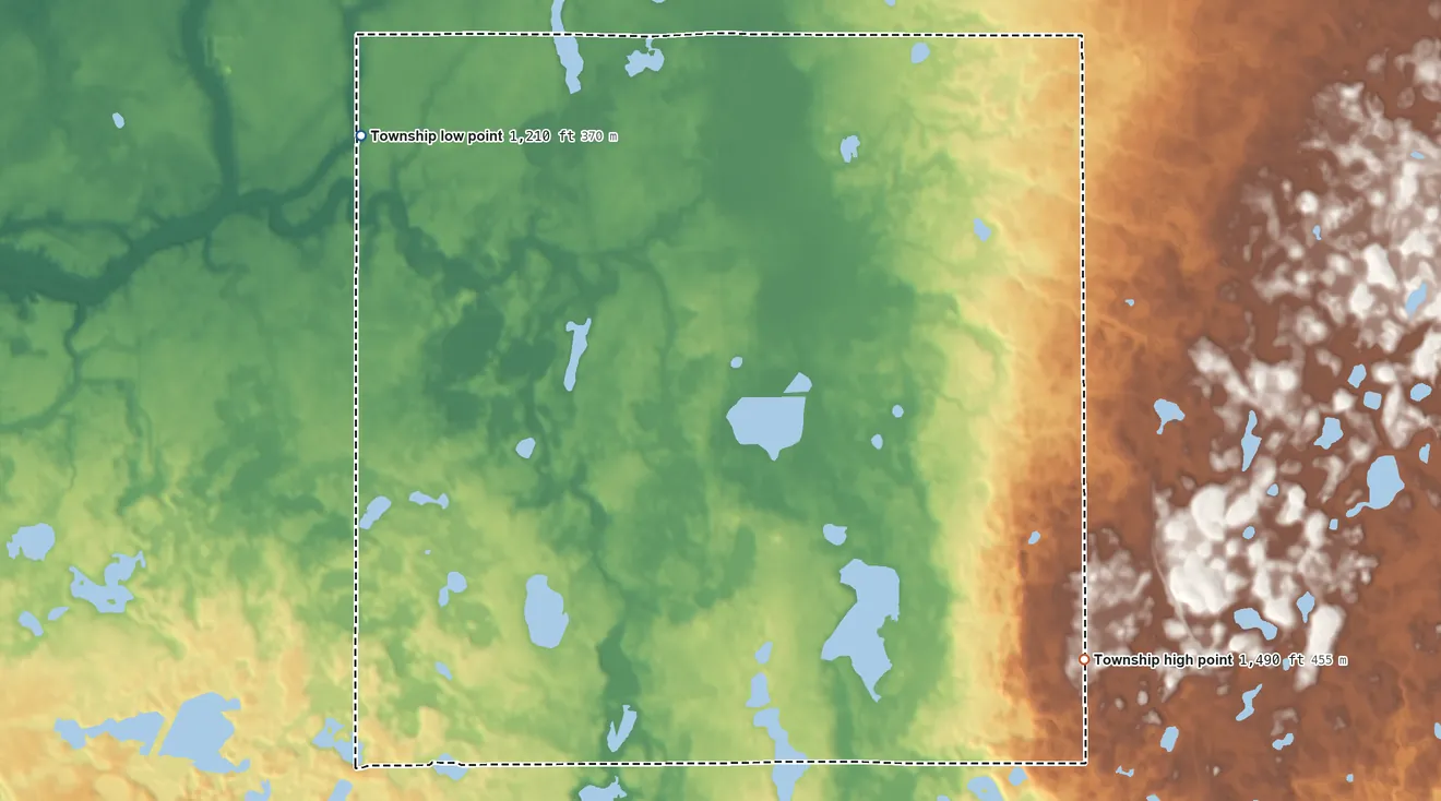 Topographic elevation map of Hamden Township, Minnesota, shaded from 1,210 ft on the northwest side to 1,490 ft on the east side