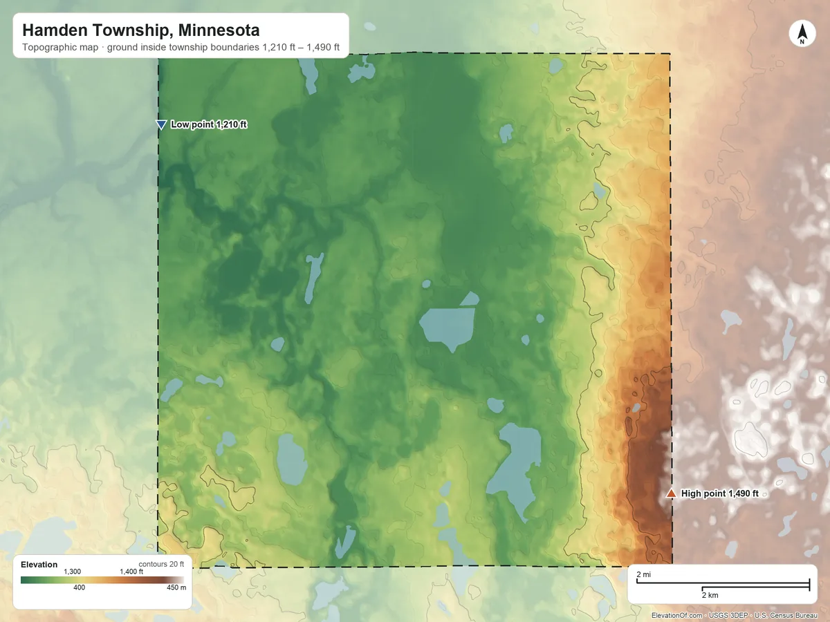 Topographic elevation map of Hamden Township, Minnesota, shaded from 1,210 ft on the northwest side to 1,490 ft on the east side