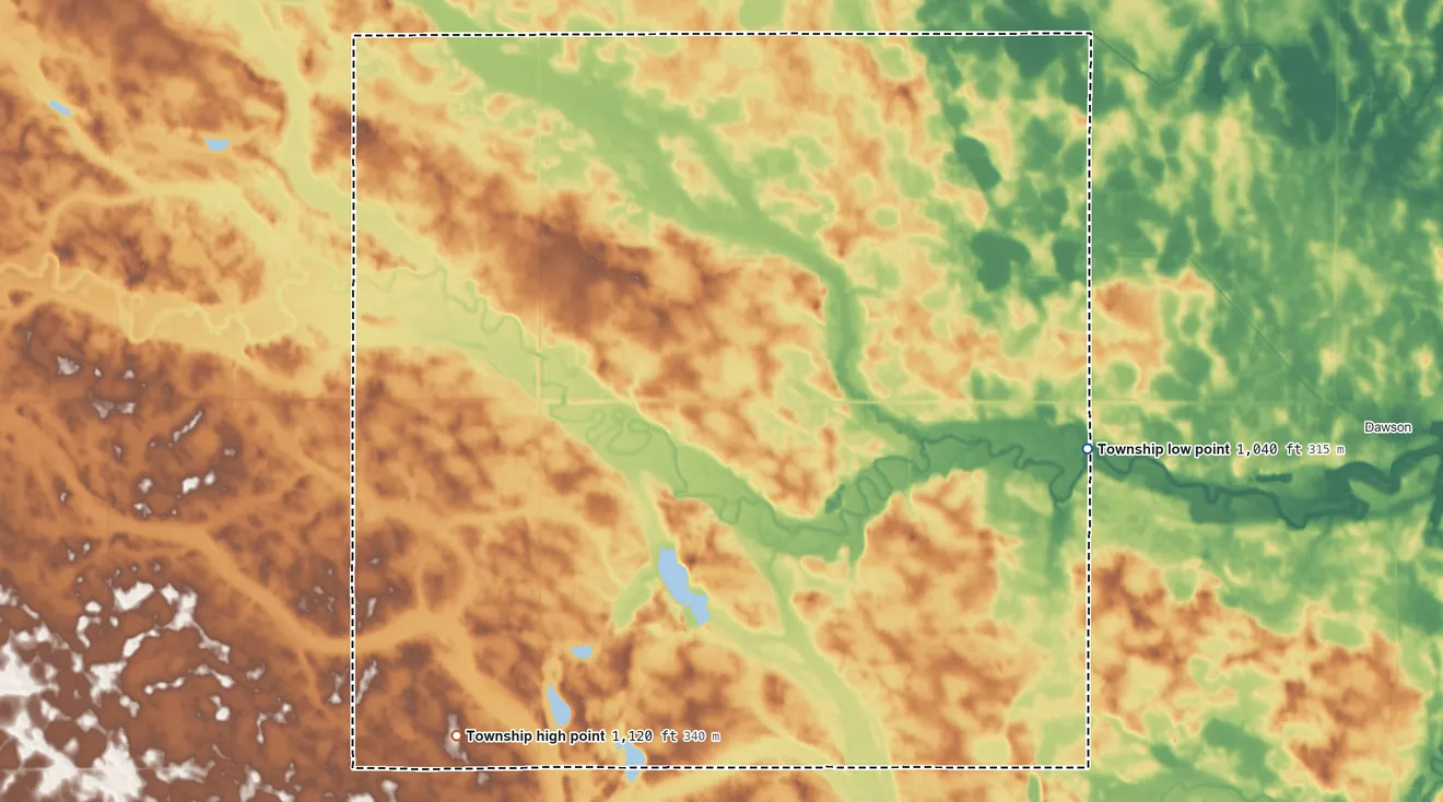Topographic elevation map of Hamlin Township, Minnesota, shaded from 1,040 ft on the east side to 1,120 ft on the southwest side