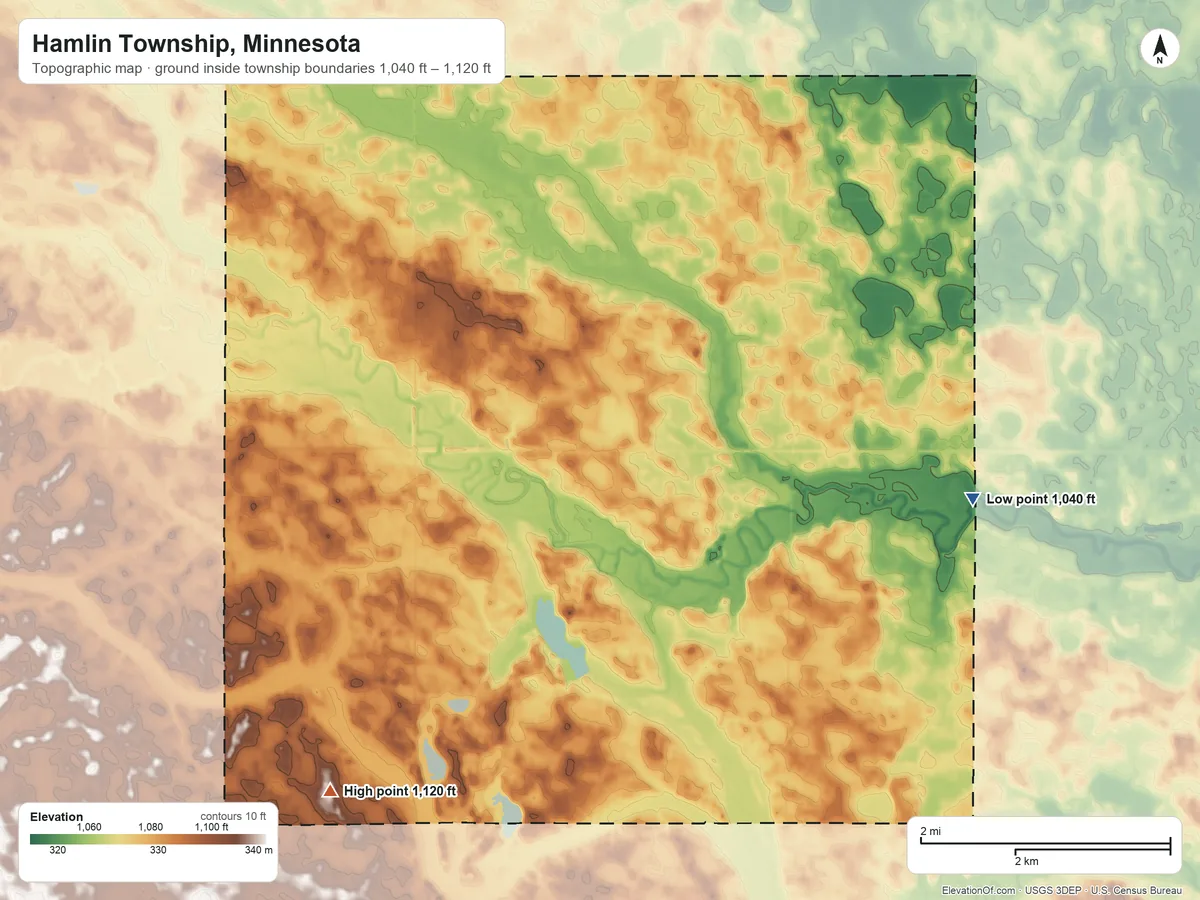Topographic elevation map of Hamlin Township, Minnesota, shaded from 1,040 ft on the east side to 1,120 ft on the southwest side