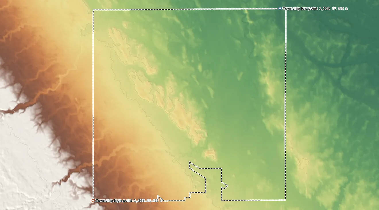 Topographic elevation map of Hammer Township, Minnesota, shaded from 1,110 ft on the northeast side to 1,360 ft on the southwest side