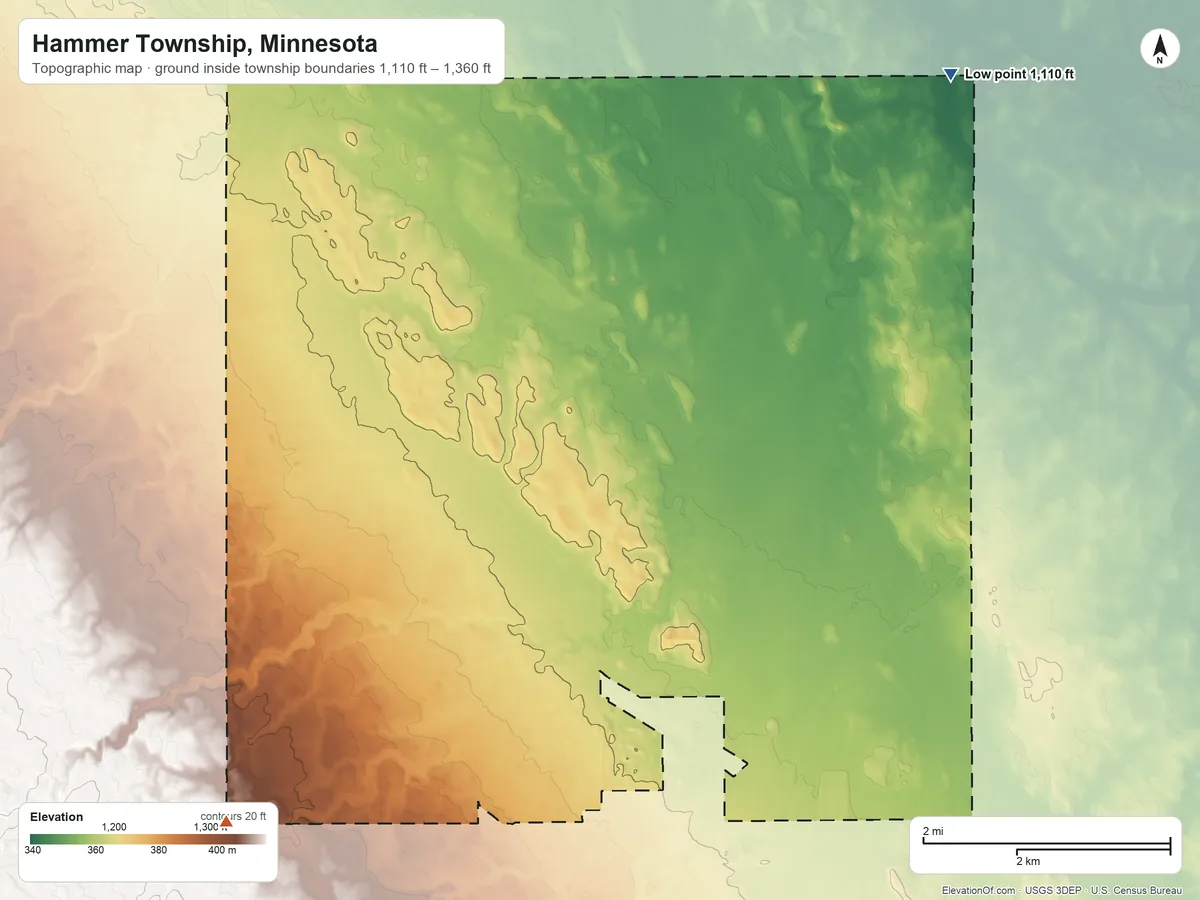 Topographic elevation map of Hammer Township, Minnesota, shaded from 1,110 ft on the northeast side to 1,360 ft on the southwest side