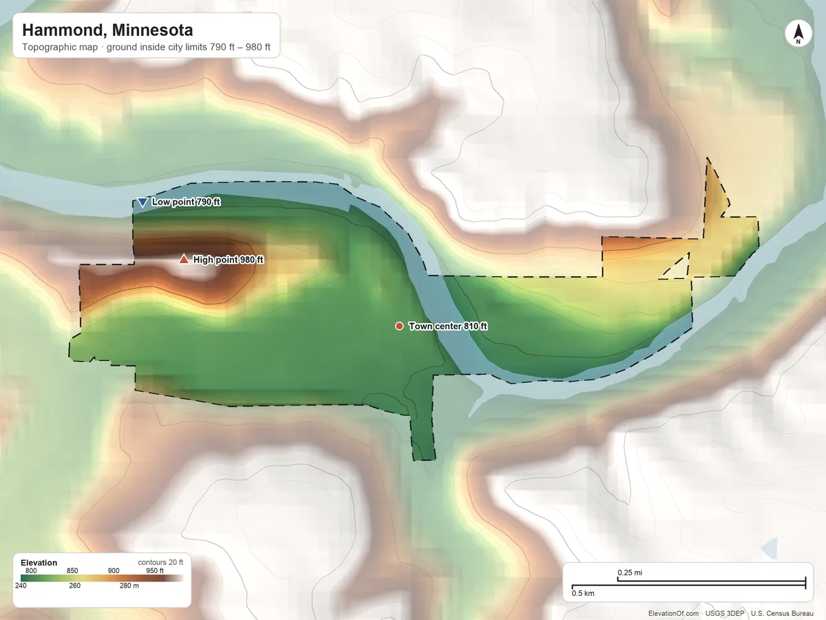 Topographic elevation map of Hammond, Minnesota, shaded from 790 ft on the northwest side to 980 ft on the west side