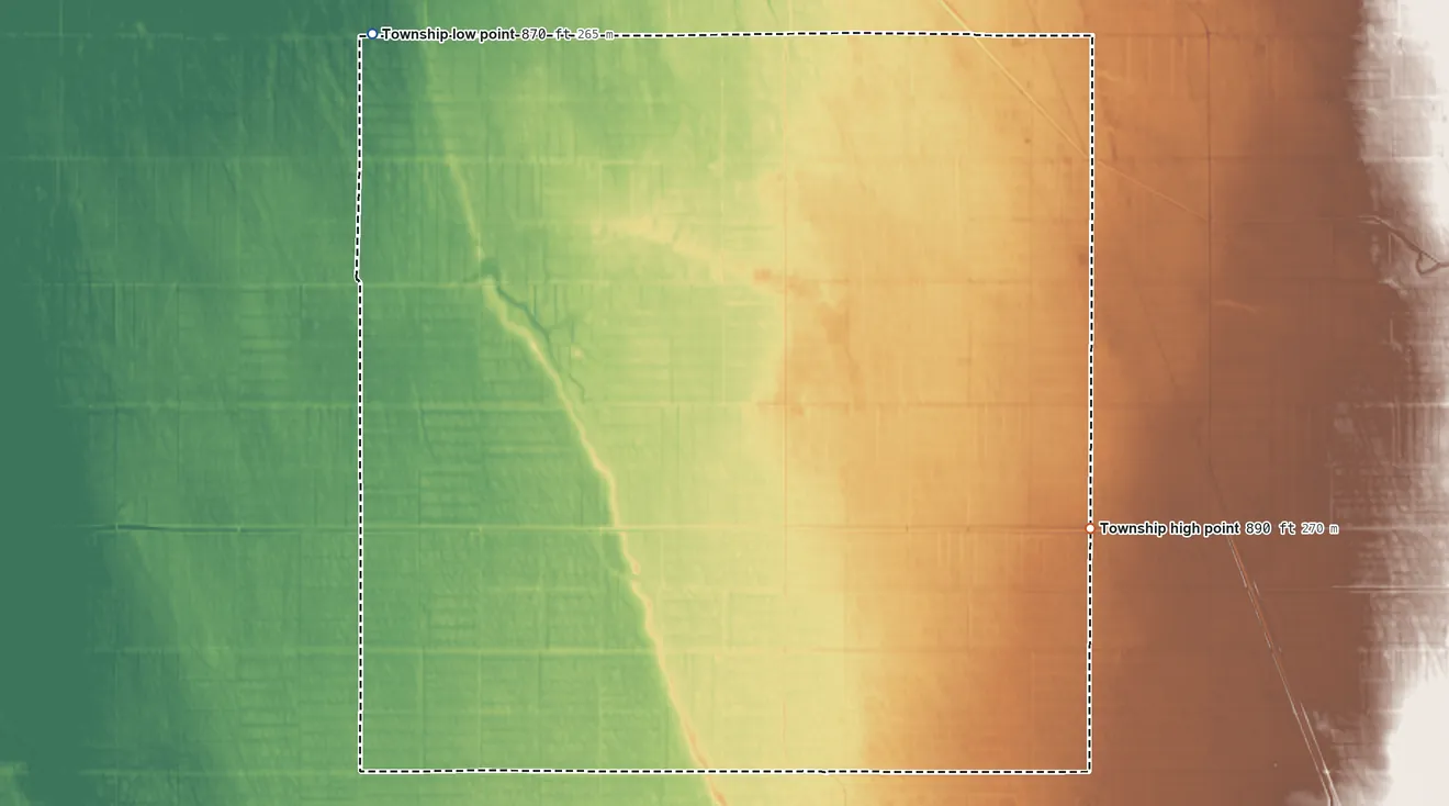 Topographic elevation map of Hammond Township, Minnesota, shaded from 870 ft on the northwest side to 890 ft on the southeast side