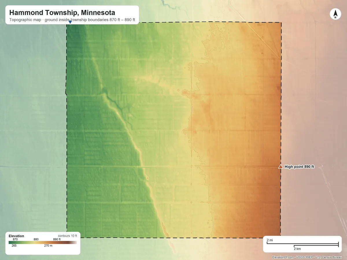 Topographic elevation map of Hammond Township, Minnesota, shaded from 870 ft on the northwest side to 890 ft on the southeast side